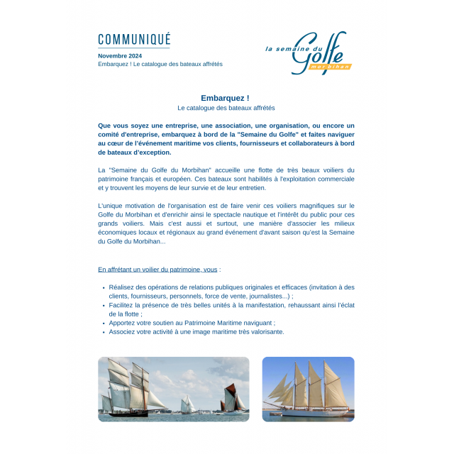 Communiqué de presse | Embarquez ! Le catalogue des bateaux affrétés (novembre 2024)